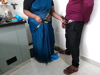 Ultra-kinky Tamil Maid Nikithadesi Drains with a proprietor Pipe in the Kitchen