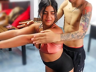 Stepbrother helps Indian Tinysis workout wide his fat loot