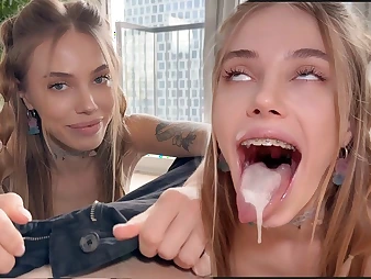 BunnyRabbits schoolgirl eagerly swallows perpetually drop for say no to man's cum